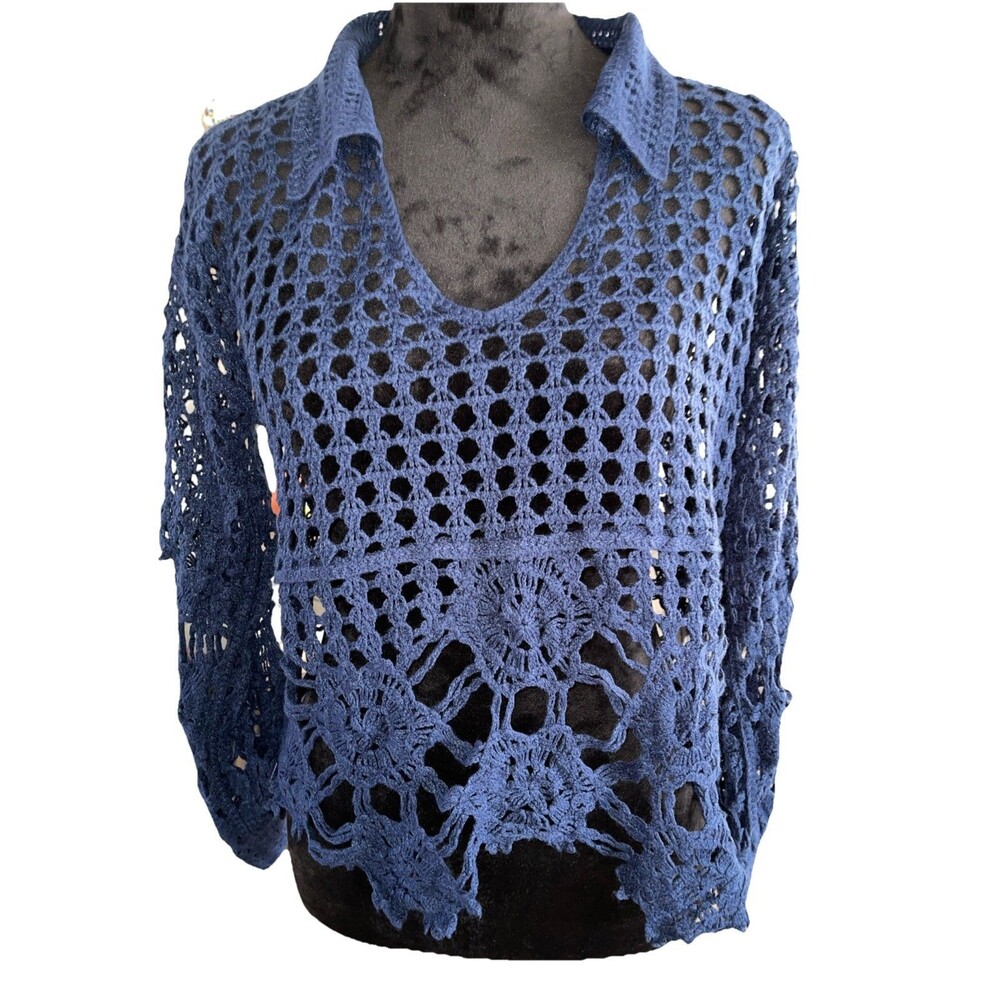 CocoBleu Sweater Woman Medium Navy Knit V-neck Collared Pull Over Top